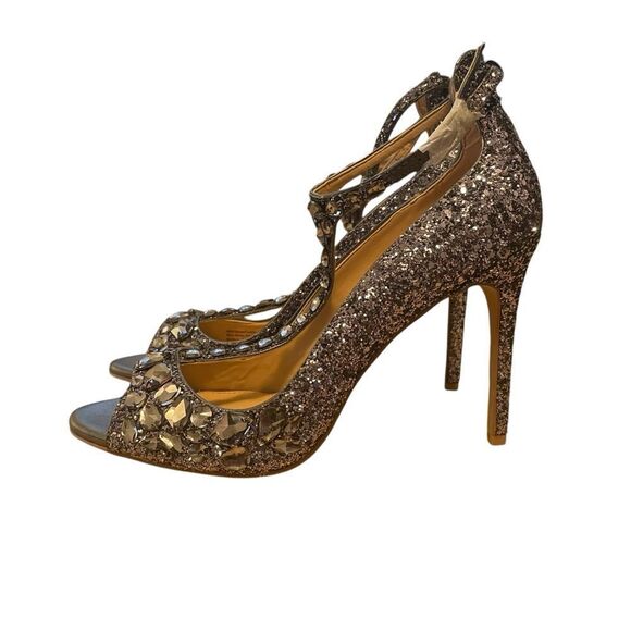 Jewel Badgley Mischka Conroy Metallic Glitter T Strap Heels Silver Size 8.5 - Picture 2 of 6